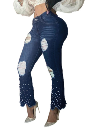 plus size new stylish solid color stitching pearl decoration casual jeans