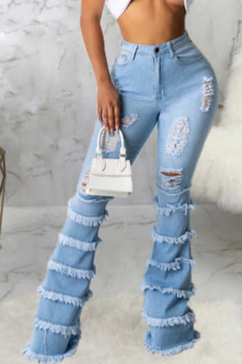 autumn new stylish plus size solid color stretch casual multi-layer stitching ripped jeans