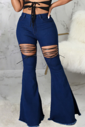 pure color plus size autumn hollow out bandage stretch simple casual flare jeans