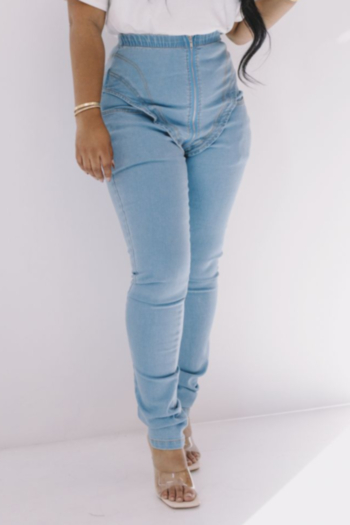 autumn new stylish solid color micro-elastic plus size zip-up high waist pocket casual jeans