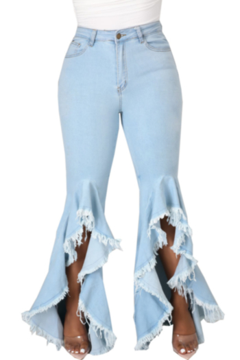 early autumn new stylish solid color zip-up mid waist pocket stretch plus size casual flared jeans