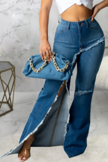 early autumn new stylish ripped slit zip-up high waist pocket stretch plus size casual jeans