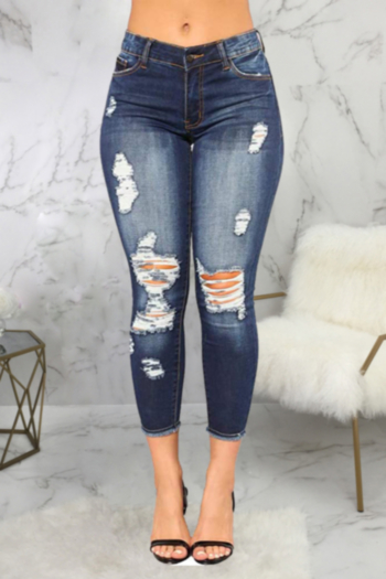 early autumn new stylish ripped zip-up pocket stretch plus size mid-waist casual jeans