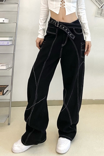 autumn new stylish pocket belt zip-up loose mid-waist casual jeans