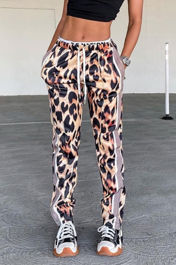 Autumn new stylish leopard batch printing patchwork contrast color pocket loose casual pants