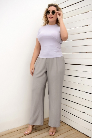 2XL-5XL spring new solid color inelastic high waist pockets wide-leg straight stylish trousers