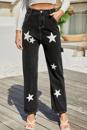 Spring new plus size five-pointed star printing inelastic high waist pockets straight stylish jeans (without top)
