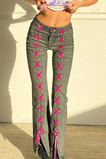 Spring new stylish simple lace-up pocket zip-up stretch low-rise slit casual jeans
