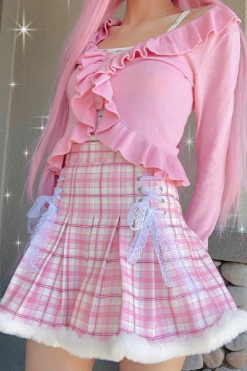 Spring new stylish plaid batch printing plush patchwork lace-up zip-up micro-elastic mini skirt