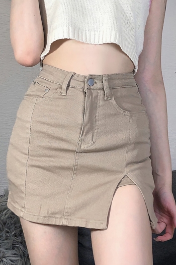 Spring new stylish simple solid color zip-up pocket slit high waist sexy mini denim skirt(with lining)