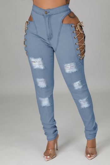 Spring new stylish lace-up hollow ripped zip-up pocket stretch slim high waist plus size sexy jeans