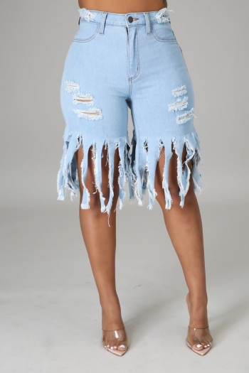 summer new stylish solid color ripped mid waist tassel pocket zip-up plus size casual denim shorts