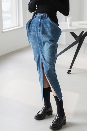 summer new stylish simple high quality pocket zip-up micro-elastic high waist slit casual denim skirt