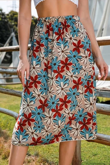 summer new floral batch printing inelastic high waist over knee stylish adorable midi skirt