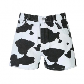 XS-L summer two colors cow batch printing inelastic high waist pockets zip-up stylish denim shorts