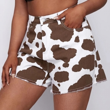 XS-L summer two colors cow batch printing inelastic high waist pockets zip-up stylish denim shorts