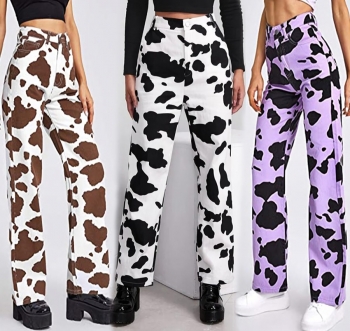 XS-L spring three colors cow batch printing inelastic high waist pockets zip-up stylish straight jeans
