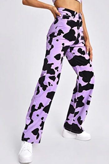 XS-L spring three colors cow batch printing inelastic high waist pockets zip-up stylish straight jeans
