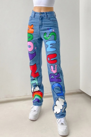 Spring new plus size letter fixed printing inelastic high waist pockets zip-up buttoned straight stylish jeans 