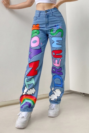 Spring new plus size letter fixed printing inelastic high waist pockets zip-up buttoned straight stylish jeans 