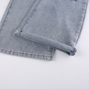 Summer new stylish simple hole pocket zip-up micro-elastic high waist loose casual jeans