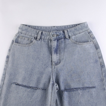 Summer new stylish simple hole pocket zip-up micro-elastic high waist loose casual jeans