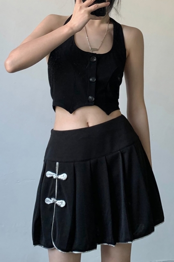 Summer new stylish simple micro-elastic zip-up pleated high waist cheongsam buckle casual skirt