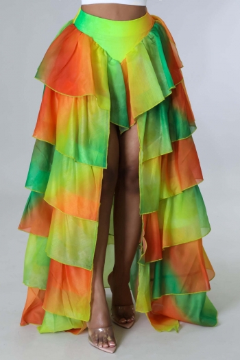 summer new plus size gradient color tie-dye micro-elastic mesh cascading ruffle irregular slit stylish maxi skirt