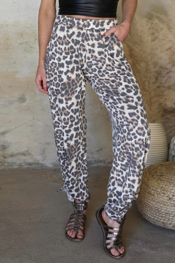summer new stylish leopard batch printing micro elastic slit plus size pocket mid waist casual pants