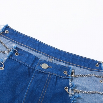 Summer new stylish inelastic solid color hollow metal-chain linked button zip-up irregular sexy denim shorts