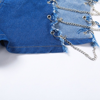 Summer new stylish inelastic solid color hollow metal-chain linked button zip-up irregular sexy denim shorts