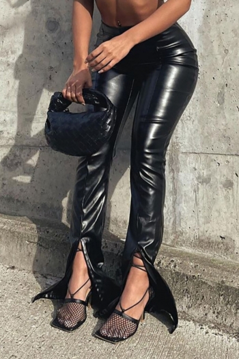 spring new plus size four colors solid color micro-elastic pu high waist low-slit stylish leather bell-bottoms