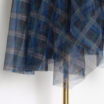 Summer new stylish inelastic plaid printing see through mesh spliced button high quality casual midi skirt