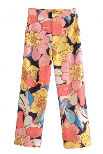 xs-l spring new micro elastic flower batch printing button zip-up pockets loose stylish pants