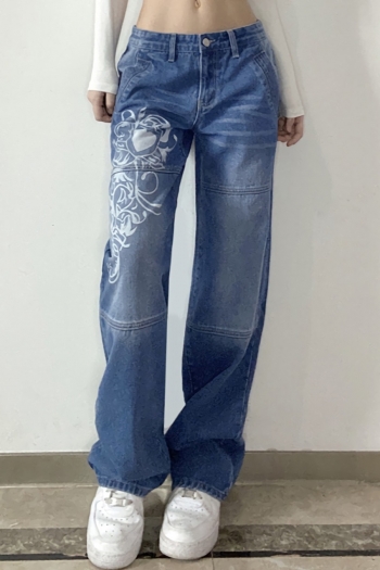 spring three colors fixed printing micro-elastic pockets button zip-up stylish straight jeans (without belt)