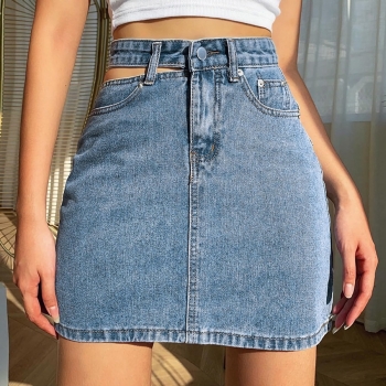 summer new inelastic hollow high waist pockets button zip-up stylish all-match denim mini skirt