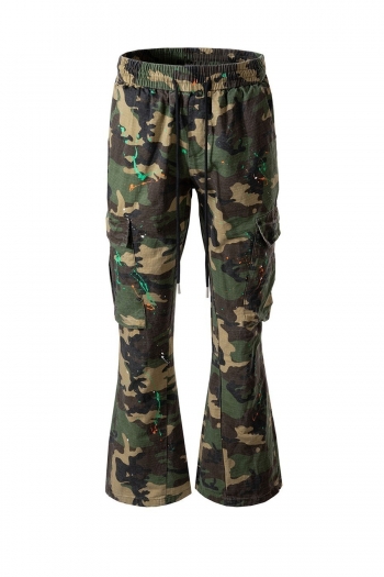 spring new inelastic camo printing multi-pocket with tie-waist fashion boot-cut high street cargo pants(size run big)