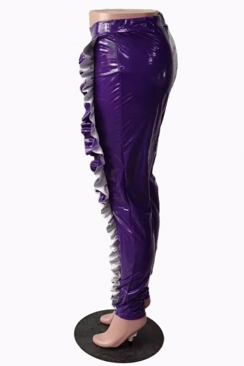 Spring solid color pu micro-elastic ruffle stylish leather pants 