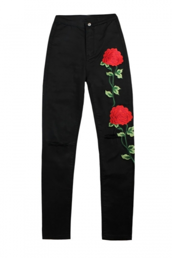 xs-2xl plus size spring new micro elastic flower embroidered hole zip-up pocket button fashion denim pants