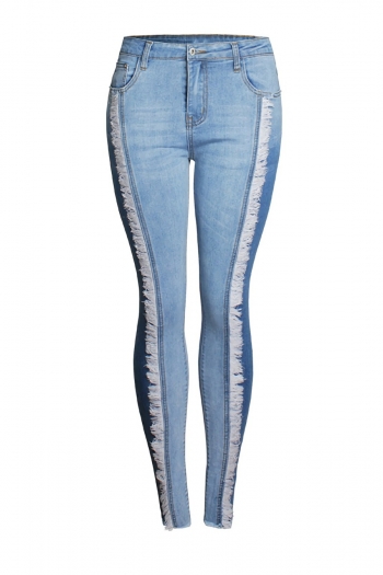 xs-3xl plus size spring new micro elastic contrast color spliced pocket zip-up button tassels slim fashion denim jeans