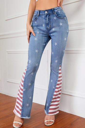 xs-3xl plus size spring new micro elastic stripe & star printing american flag pocket zip-up button fashion denim flared pants