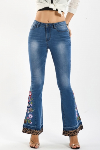 s-4xl plus size spring new micro elastic embroidered flower leopard printing zip-up pocket button fashion denim flared pants