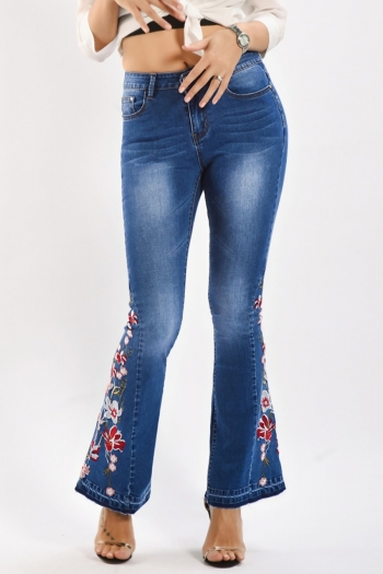 s-4xl plus size spring new micro elastic embroidered flower zip-up button pocket fashion denim flared jeans