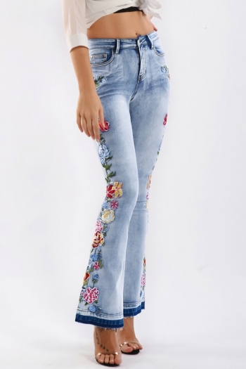 s-4xl plus size spring new micro elastic flower embroidered pocket zip-up button fashion denim pants