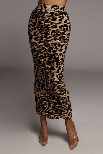 spring & summer new leopard printing high waist slit shirring sexy skirt