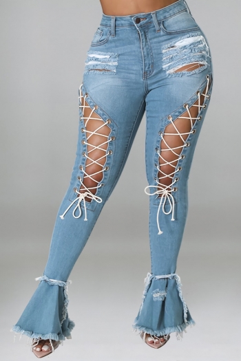 s-xl  summer new micro-elastic hollow lace-up button zip-up pockets denim flared pants
