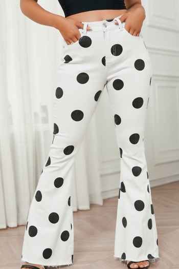 xs-3xl plus size spring new micro elastic polka dot printing pocket zip-up button stylish denim flared pants