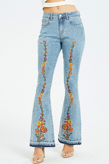 xs-3xl plus size spring new micro elastic embroidered flower pocket button zip-up stylish denim jeans