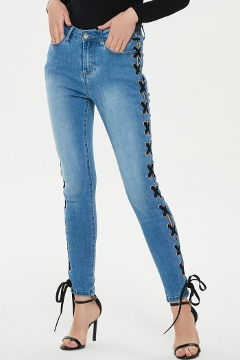 xs-2xl plus size spring new micro elastic hollow side cross bandage zip-up button pocket slim fashion denim jeans