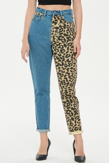 xs-2xl plus size spring new inelastic contrast color spliced leopard printing zip-up pocket button straight fashion denim jeans